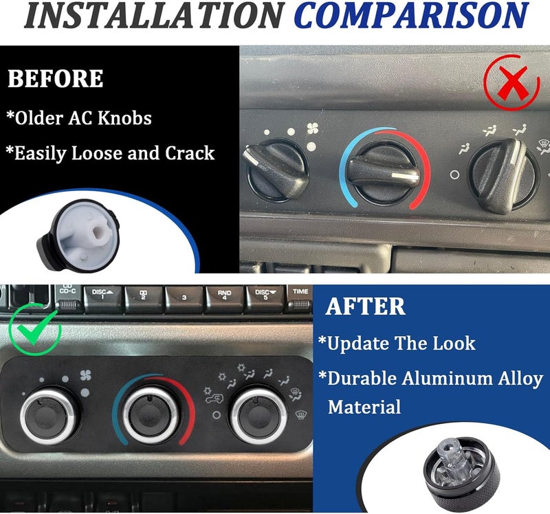 TOPINSTALL Stylish AC Knobs Compatible with 1999-2006 Jeep Wrangler Accessories, 3PCS A/C Climate Control Switch Button Heater Blower Temperature Fan Speed System Replacement 05011218AC 5011218AC - Image 3